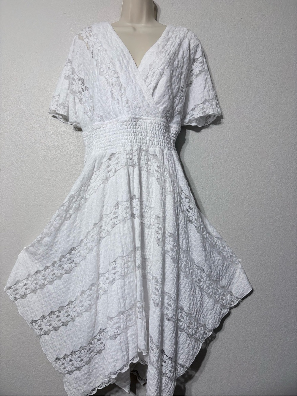 Rabbit White Lace Ethereal Boho Dress Handkerchief Hem Dolman Flutter Sleeves